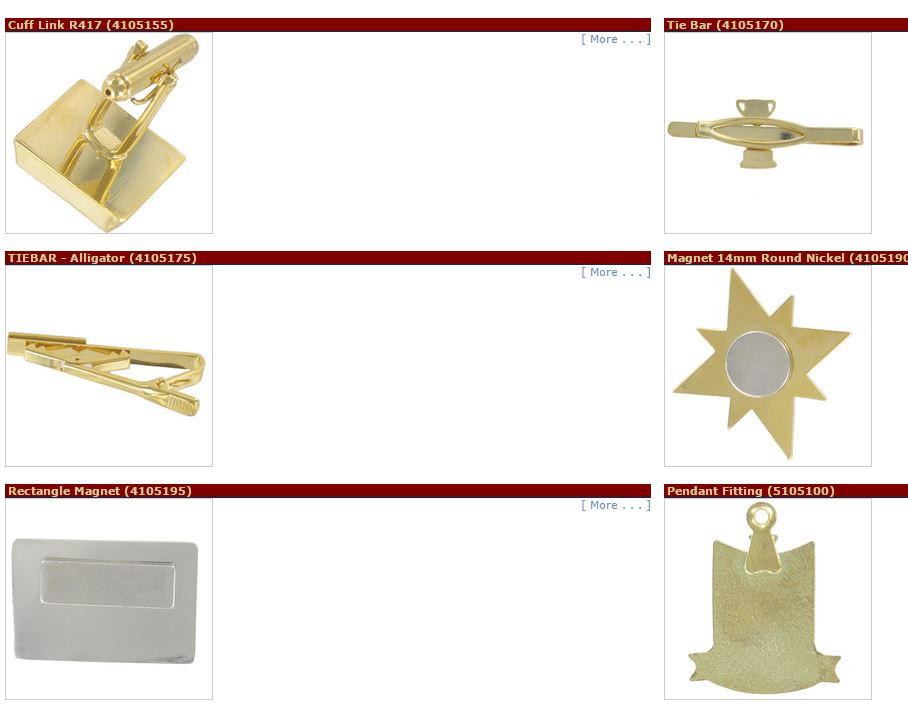 Cuff Link R417(4105155), Tie Bar (4105170), TIEBAR - Alligator (4105175), Magnet 14mm Round Nickel (4105190), Rectangle Magnet (4105195), Pendant Fitting (5105100)