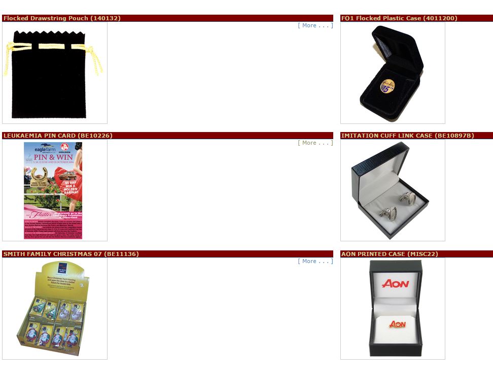 Flocked Drawstring Pouch (140132), FO1 Flocked Plastic Case (4011200), LEUKAEMIA PIN CARD (BE10226), IMITATION CUFF LINK CASE (BE108978), SMITH FAMILY CHRISTMAS 07 (BE11136), AON PRINTED CASE (MISC22)