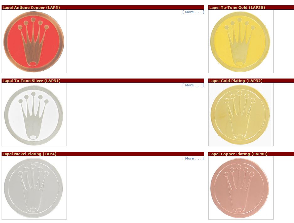 Lap Antique Copper (LAP3), Tu-Tone Gold (LAP30), Tu-Tone Silver (LAP31), Gold Plating (LAP32), Nickel Plating (LAP4), Copper Plating (LAP40)