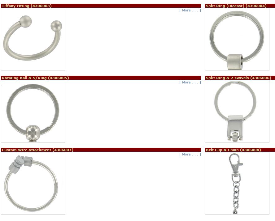 Tiffany Fitting (4306003), Split Ring (Diecast) (4306004), Rotating Ball & S/Ring (4306005), Split Ring & 2 Swivels (4306006), Custom Wire Attachment (4306007), Belt Clip & Chain (4306008)