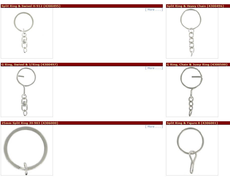 Split Ring & Swivel H-912 (4300495), Split Ring & Heavy Chain (4300496), G Ring, Swivel & J/Ring (4300497), G Ring, Chain & Jump Ring (4300500),  25mm Split Ring JH-903 (4306000), Split Ring & Figure 8 (4306001)